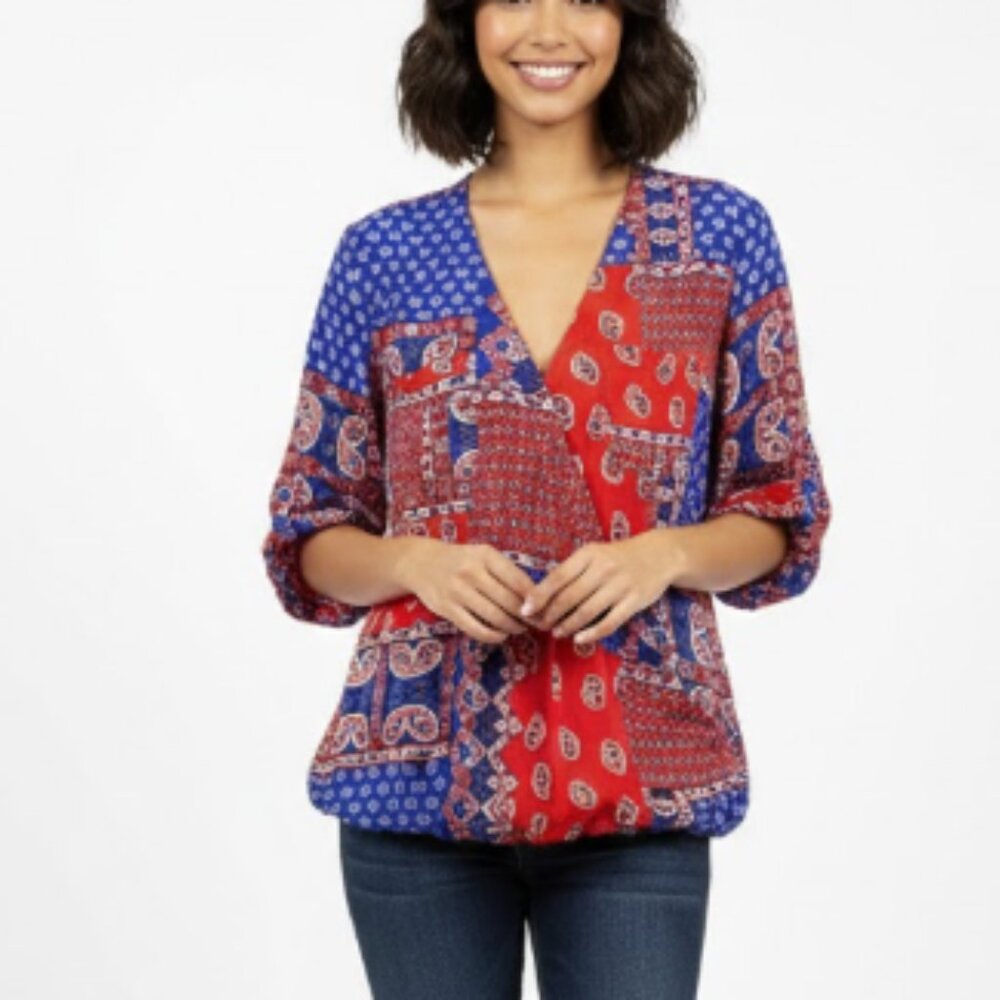 New York & Company XXL Blue Red Boho Bandana Surplice Rolled Sleeve Blouse